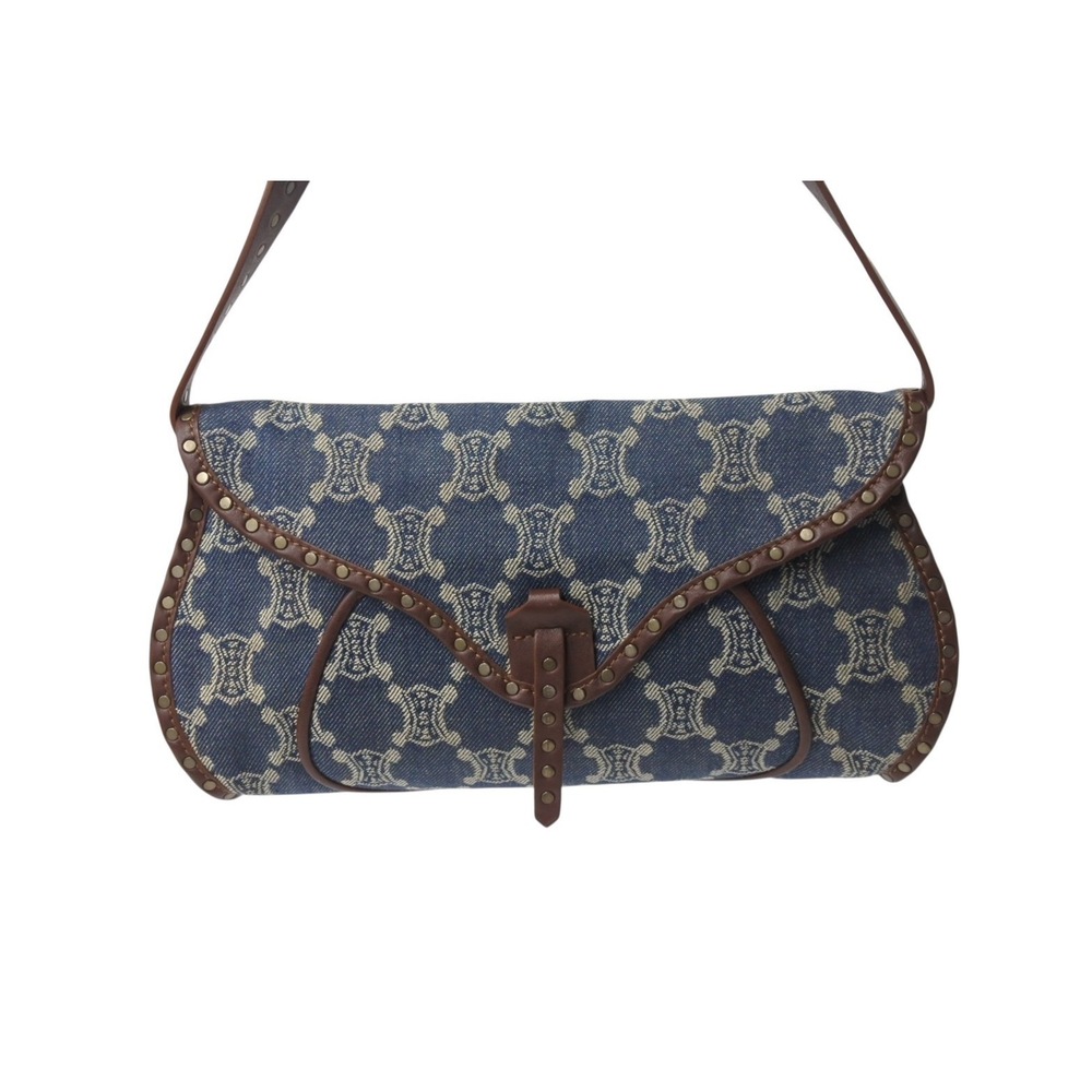 Celine Shoulder Bag Blue Brown Canvas Leather - Picture 2 of 9